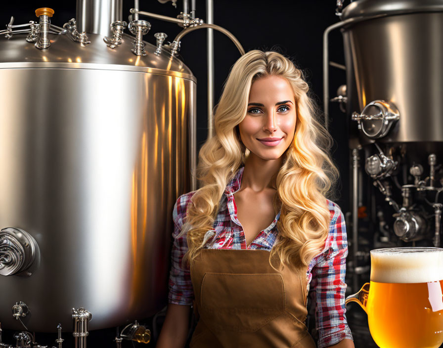 Blond woman in plaid shirt and apron with pint of beer by brewing tanks