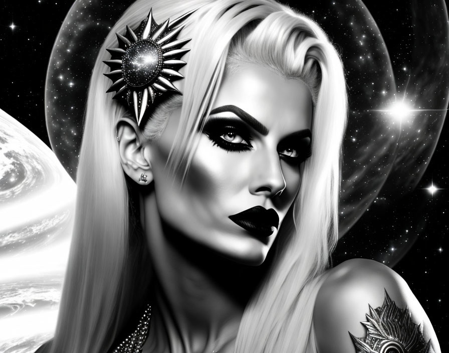 Stylized woman with striking makeup and sun headpiece in celestial monochrome.