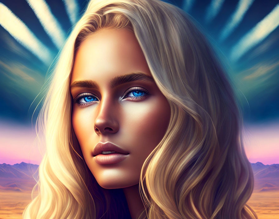 Woman with Striking Blue Eyes and Blonde Hair in Desert Digital Portrait