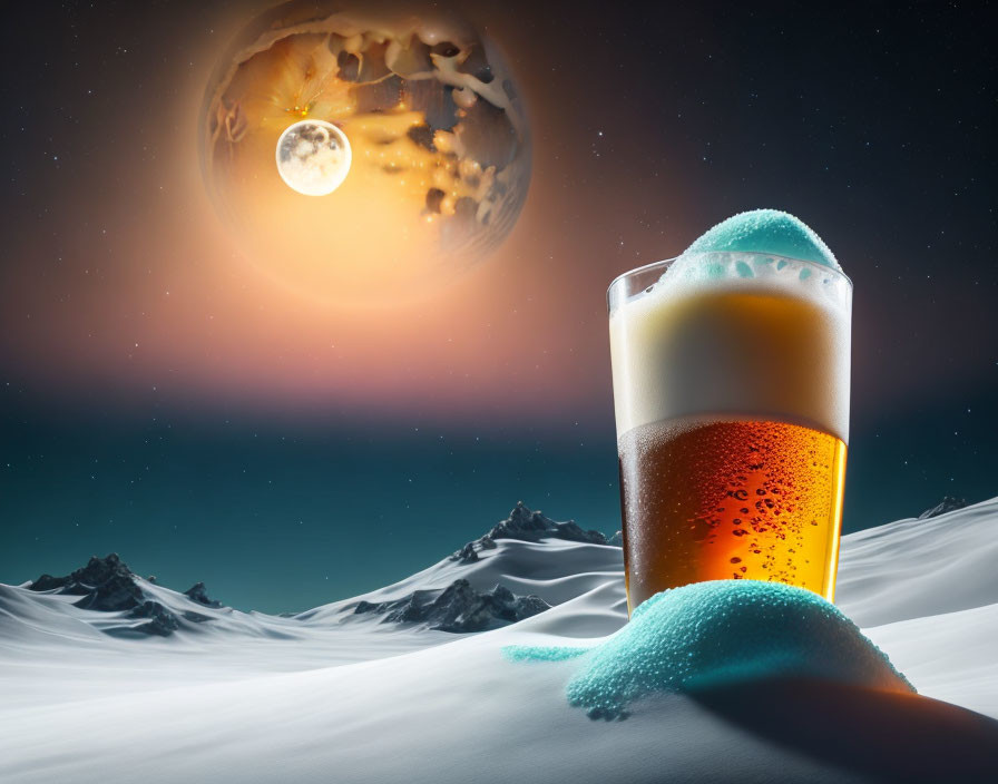 Overflowing beer glass on snowy mountain with surreal moon and hops & barley.