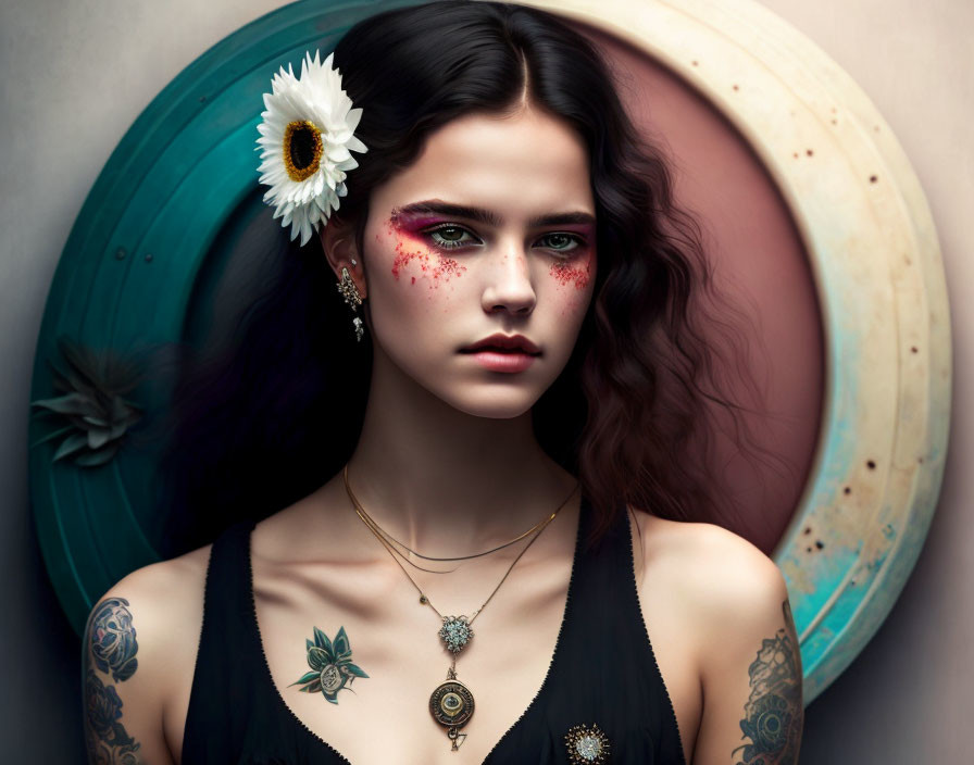 Dark-Haired Woman with Floral Makeup, Tattoos, Vintage Jewelry in Pastel Circles