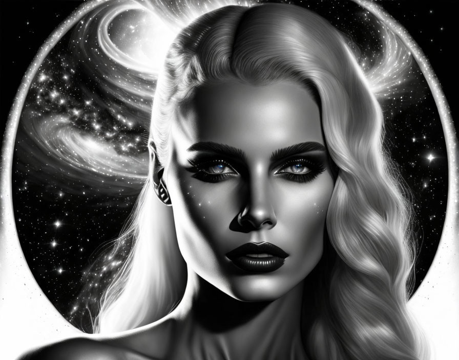 Monochromatic digital portrait of woman with piercing eyes and full lips against cosmic backdrop