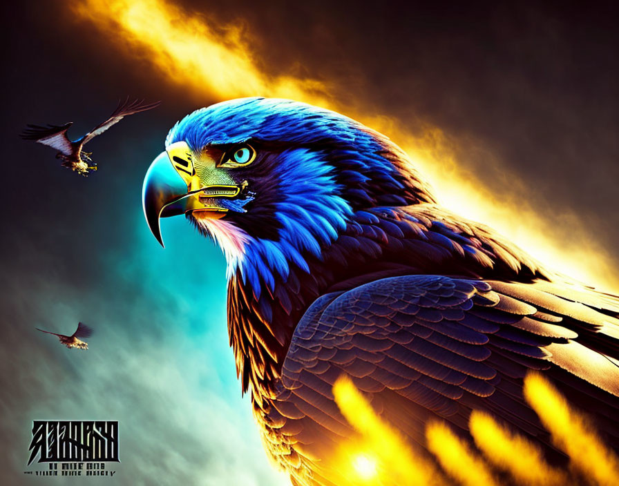 Colorful Digital Artwork: Eagle with Blue Feathers and Intense Gaze