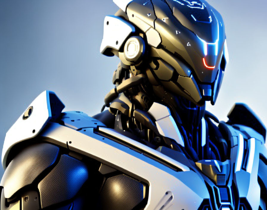 Futuristic robot with blue and white armor and illuminated head details