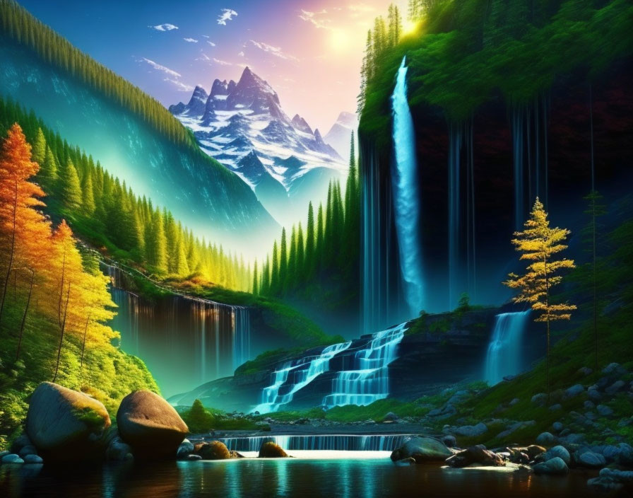 Scenic landscape: waterfall, lake, forest, misty mountains