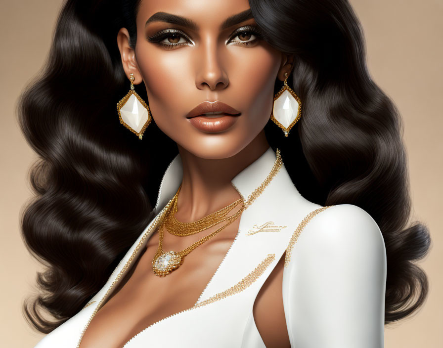 Digital illustration: Woman with voluminous wavy hair, gold jewelry, white outfit