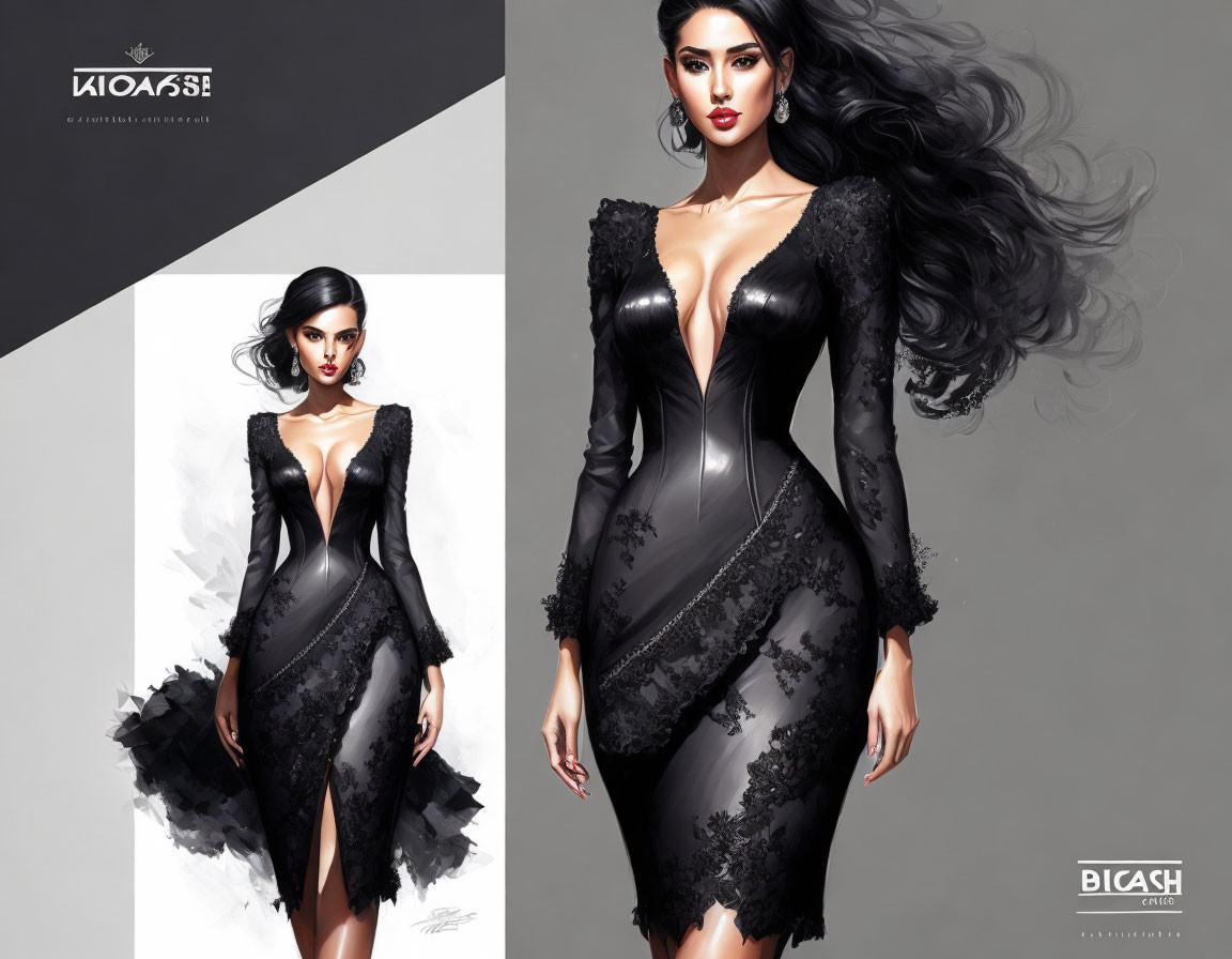 Illustration of woman in elegant black dress with sheer details and plunging neckline, showcasing voluminous,