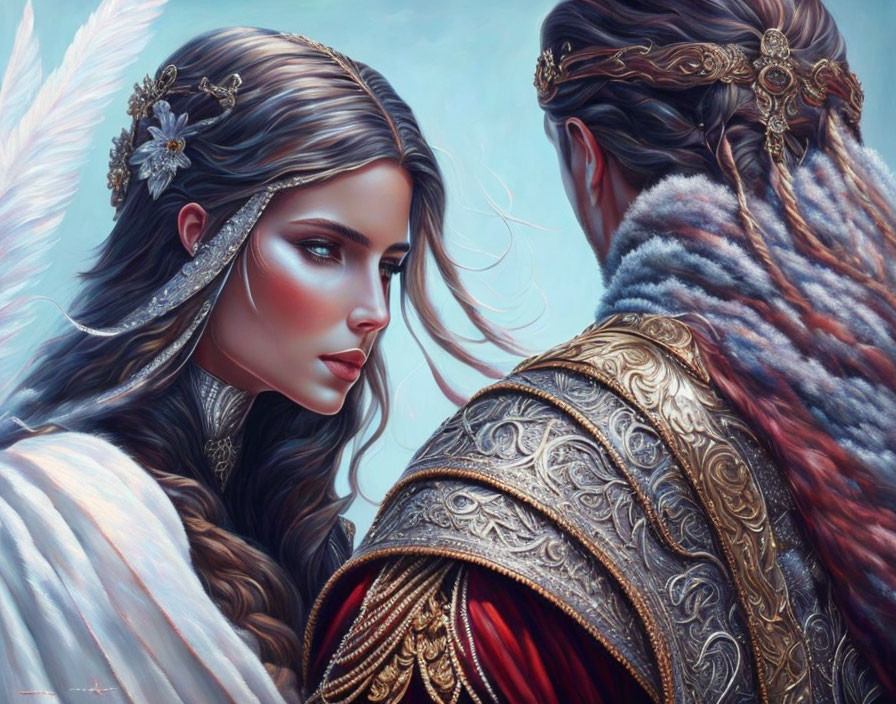 Fantasy artwork of woman with intricate hair adornments and man in fine armor with fur mantle