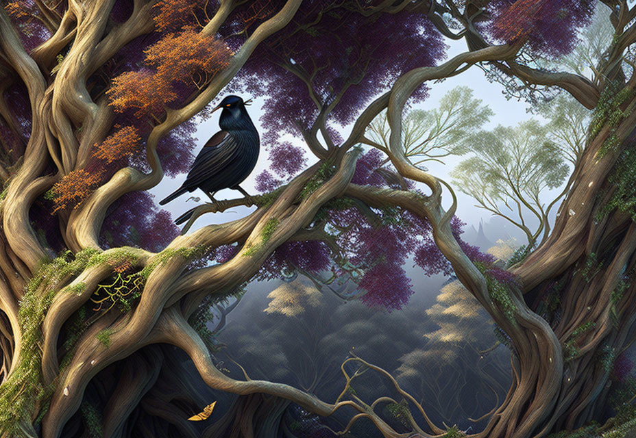 Mystical forest scene with twisting trees and purple foliage featuring a black bird on a gnarled