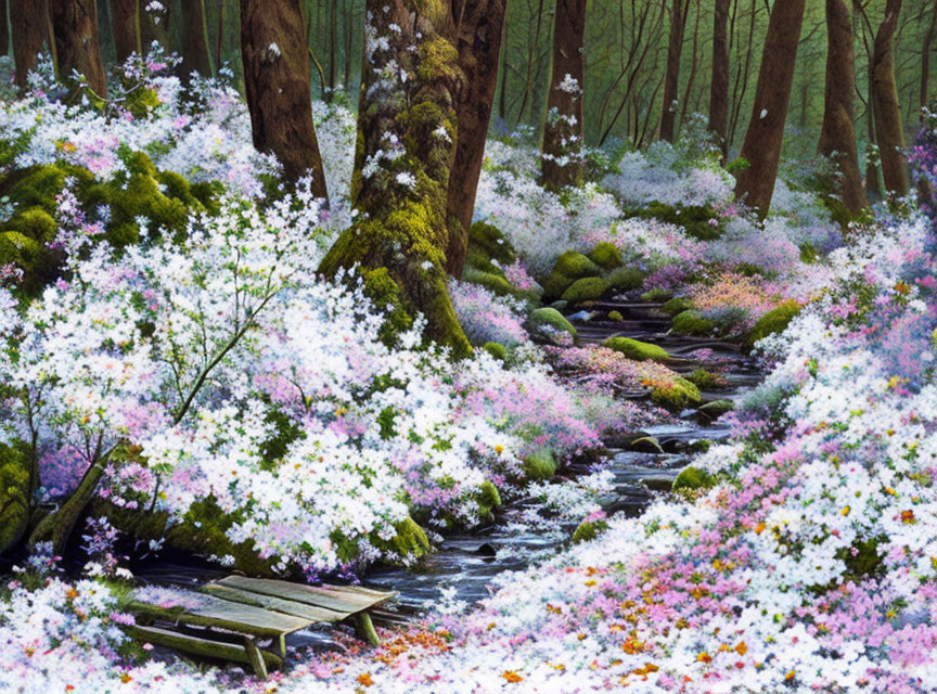 Tranquil stream in vibrant forest with pink and white flowers