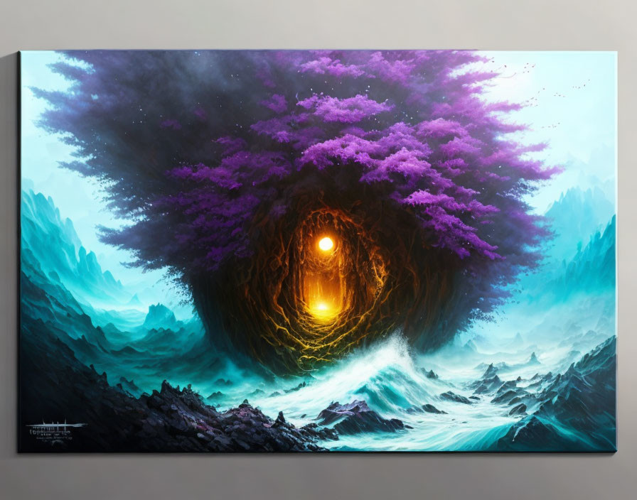 Fantastical landscape painting with turquoise waves, rocky shores, and colossal purple tree