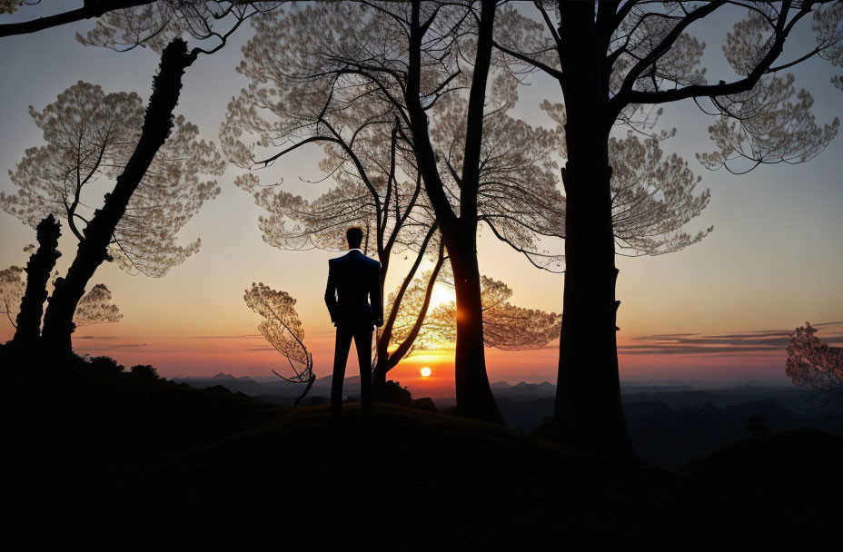 Man in suit admiring sunset among silhouetted trees