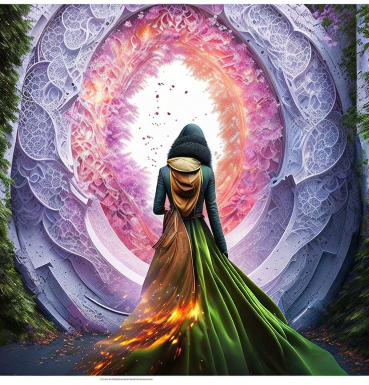 Hooded Figure in Green Robe at Glowing Circular Gate