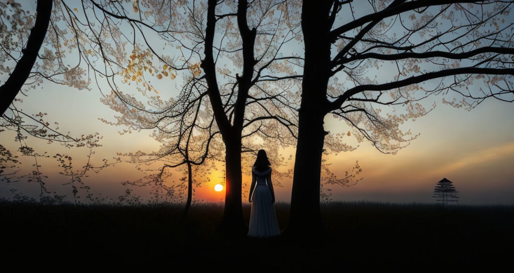 Person silhouette amidst trees at sunset with Asian structure.