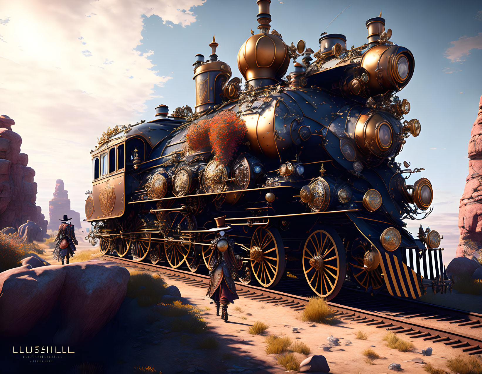 Steampunk train with brass details in desert setting with cowboy and red rock formations