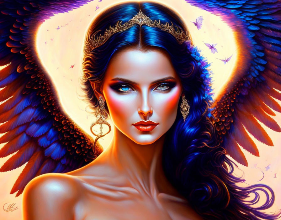 Portrait of Woman with Blue Eyes, Dark Hair, and Gold Jewelry Against Multicolored Wings