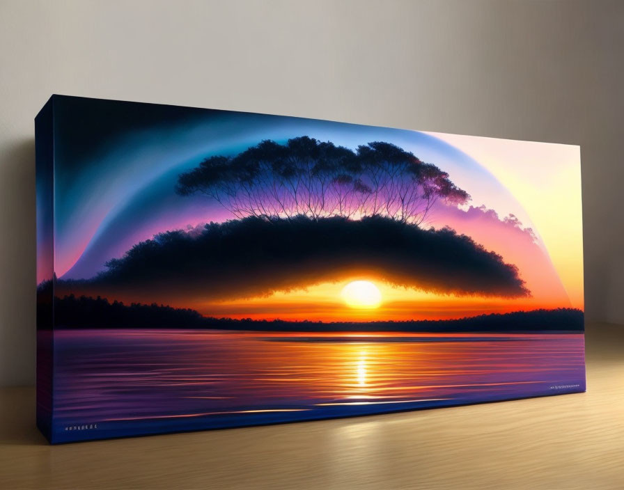 Vivid sunset over water with silhouetted trees on canvas