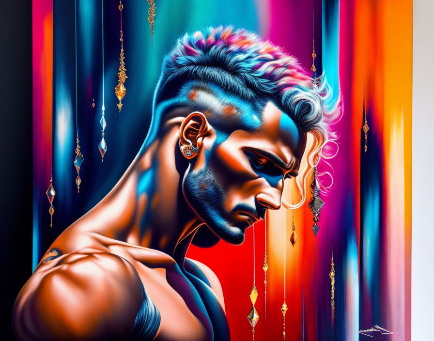 Vibrant digital portrait of a man with blue and pink mohawk and decorative earrings