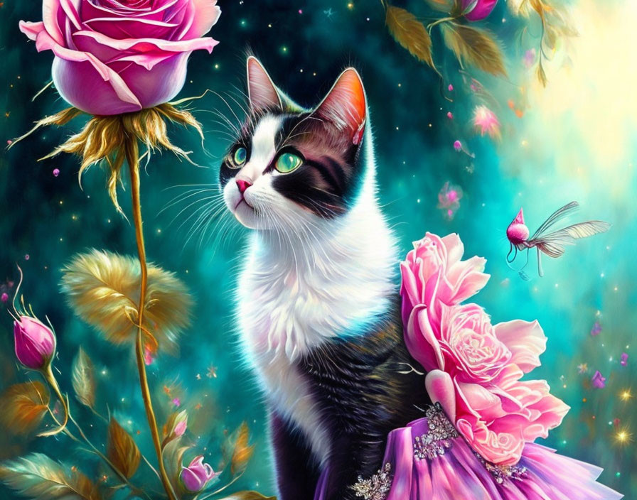 Black and white cat in pink floral outfit with roses and butterflies