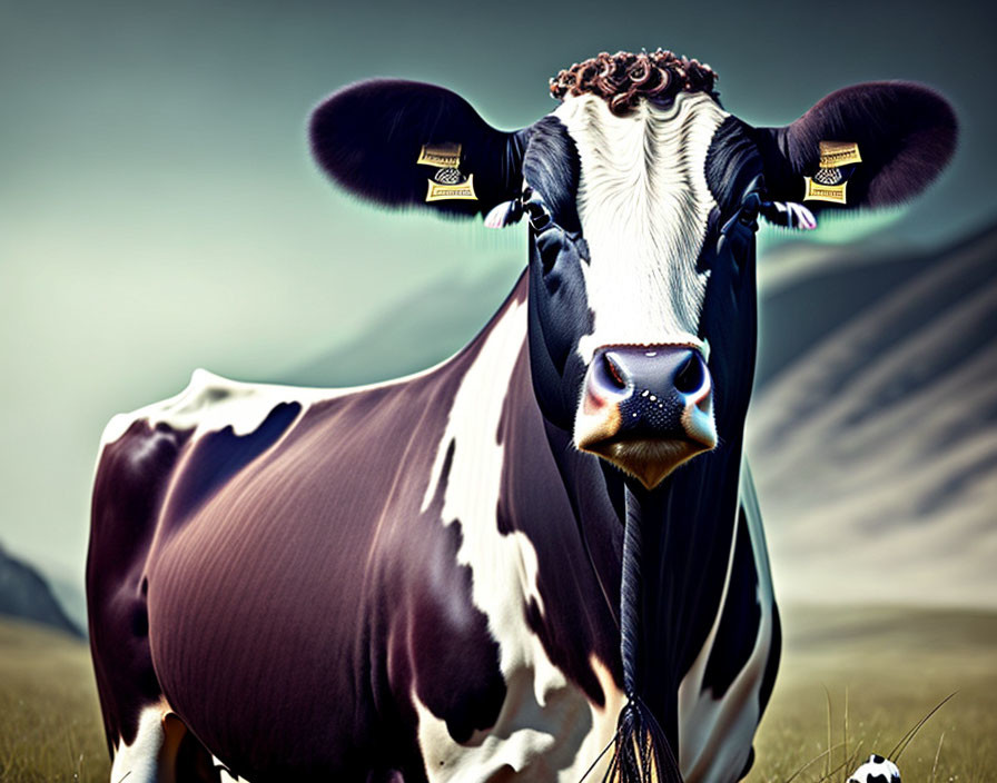 Spotted cow with curly fur in grassy field with hills