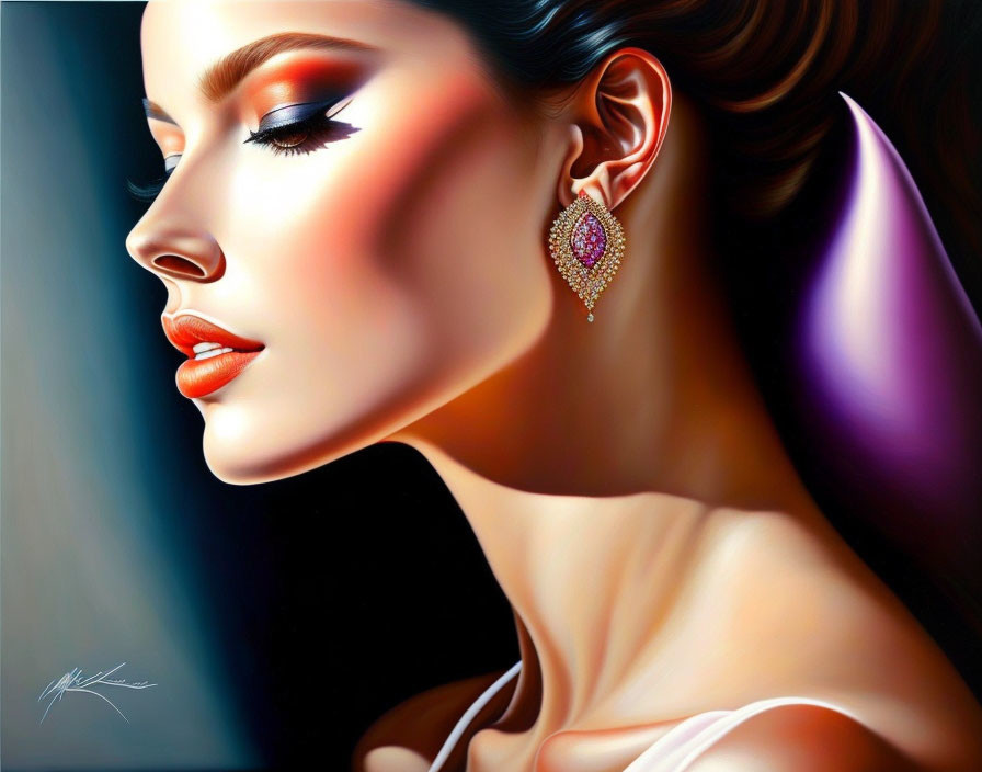 Digital art portrait of woman with dramatic makeup and elegant earring in off-shoulder dress against dark