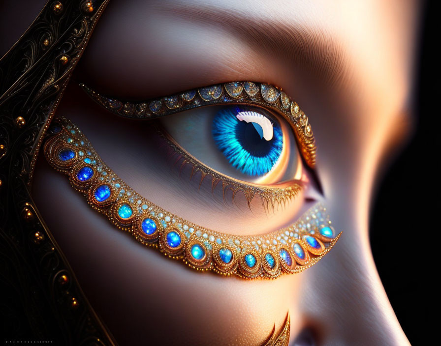 Detailed close-up of vibrant blue eye with ornate gold and jewel eyeliner on dark background