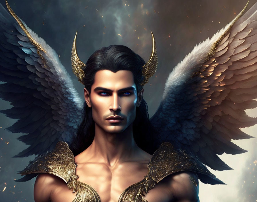 Male Figure with Angelic Wings and Golden Armor in Cosmic Setting