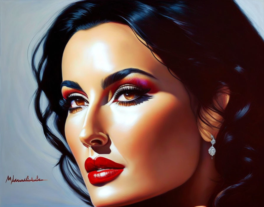 Vibrant stylized portrait of a woman with red lips and diamond earring