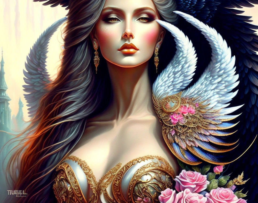 Fantasy illustration of woman with ornate wings and roses in front of castle