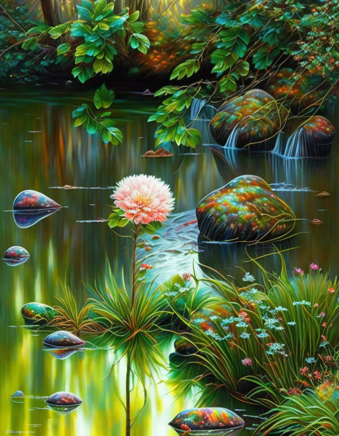 Lush green forest painting with stream, pink flower, and waterfalls