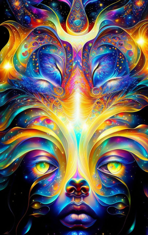 Abstract Face with Cosmic and Floral Elements in Vibrant Psychedelic Art