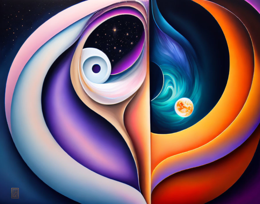 Surreal painting of swirling cosmic forms with eye and starry sky, celestial whirlpool, and