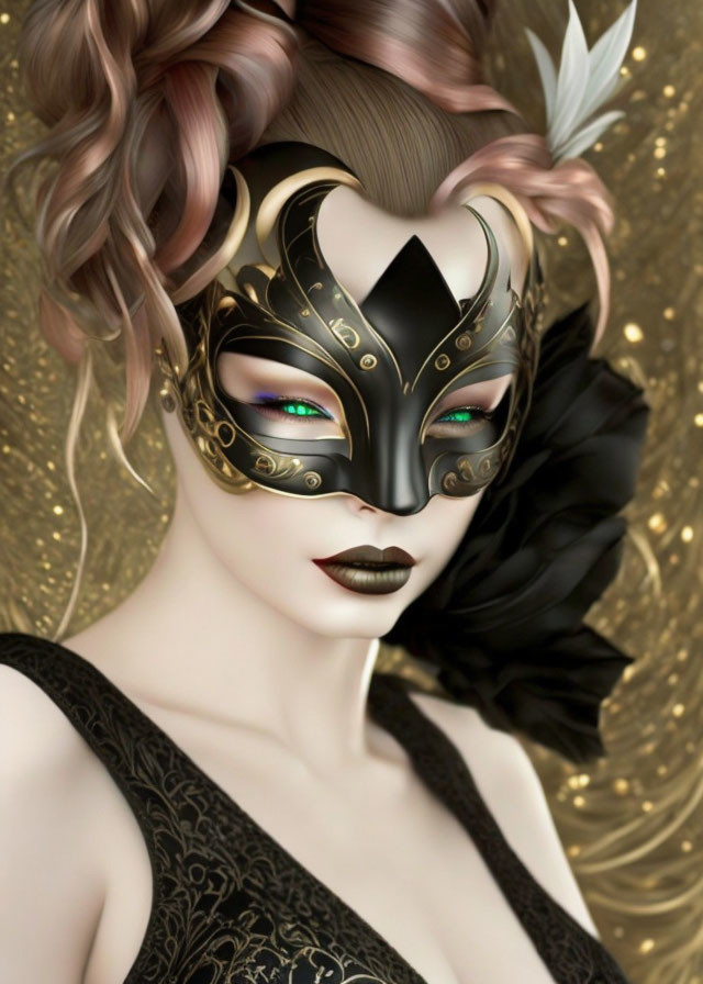 Person with Black and Gold Masquerade Mask and Green Eyes on Golden Background