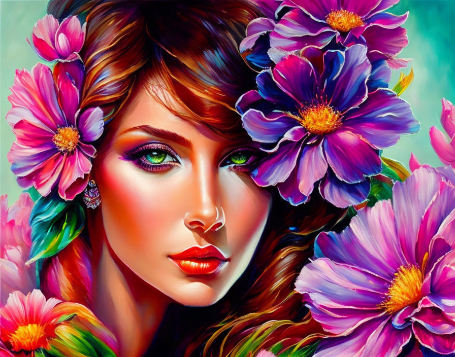 Colorful artwork: Woman with striking eyes and vibrant flowers