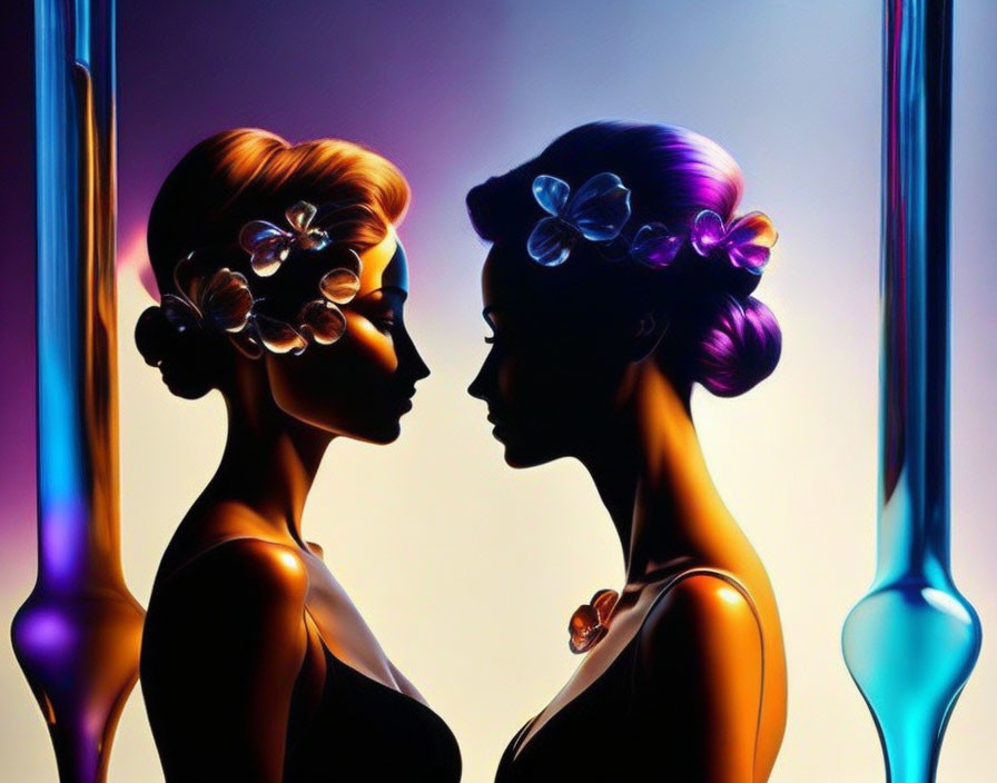 Stylized female silhouettes with colorful lighting and floral hair accessories on dark background