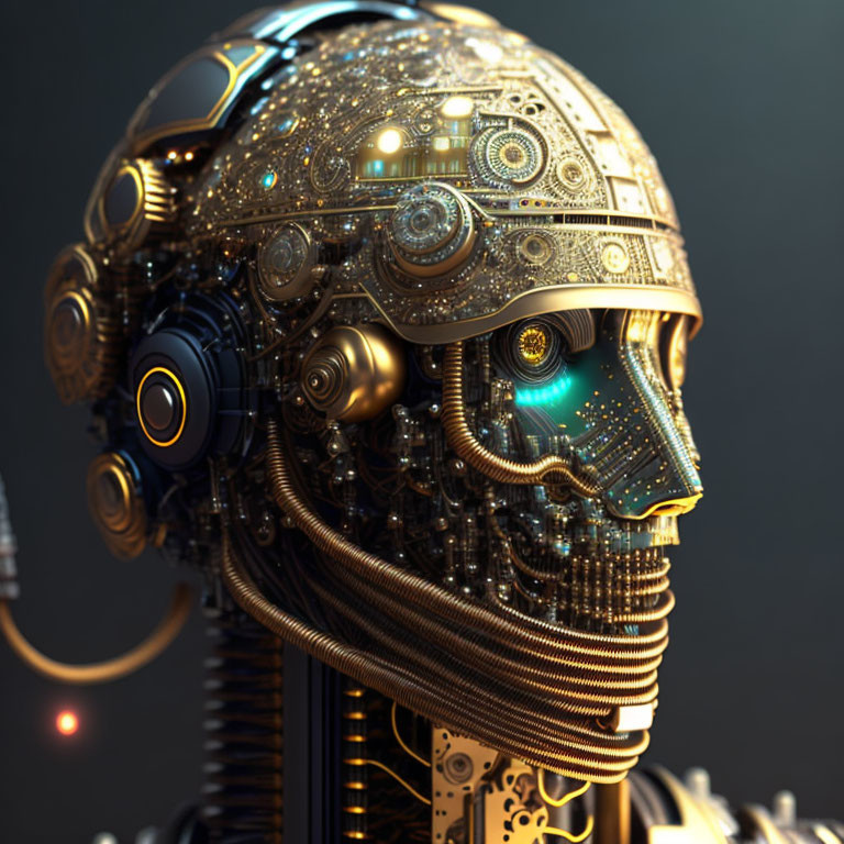 Detailed 3D rendering of humanoid robot head with golden gears and blue eyes