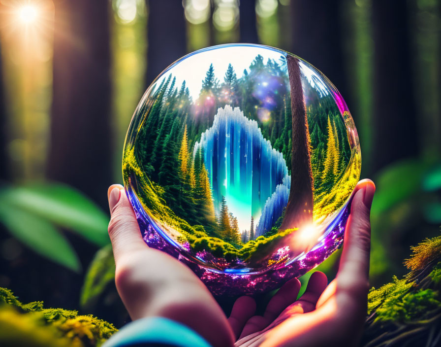 Crystal ball reflecting vibrant forest with sun flare in hands.