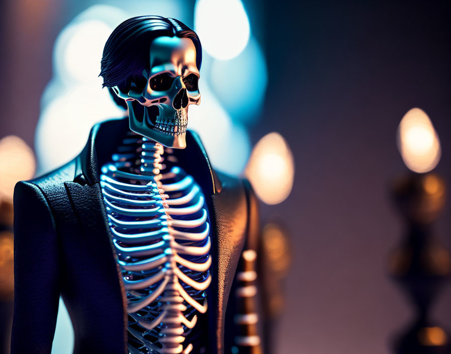 Stylized skeleton figure in black jacket on blurred blue and warm bokeh lights.