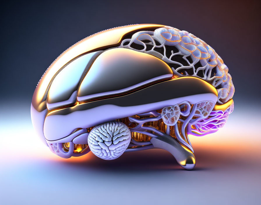 Futuristic 3D-rendered human brain with metallic design