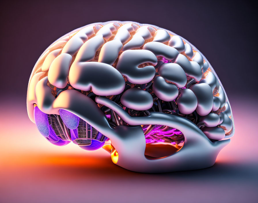 Neon-lit human brain illustration with organic and metallic elements