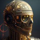 Detailed 3D rendering of humanoid robot head with golden gears and blue eyes