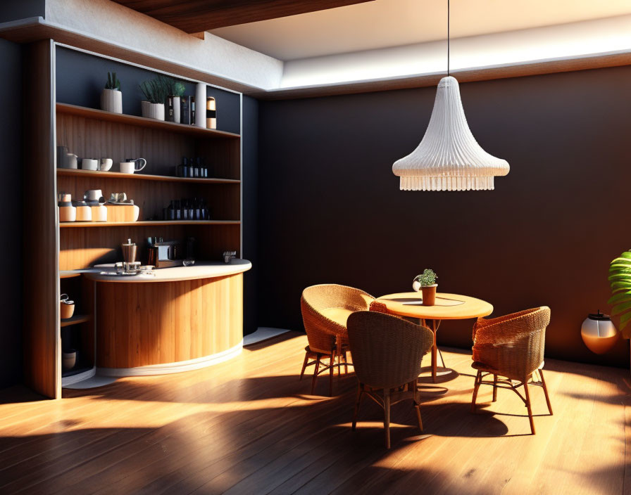 Modern interior with round table, wicker chairs, kitchenette, and pendant light