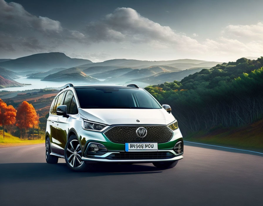 Silver MPV with unique grille on scenic road amid autumn trees