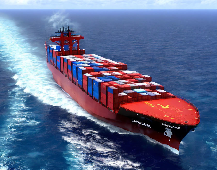 Red cargo ship with stacked containers sailing on blue ocean