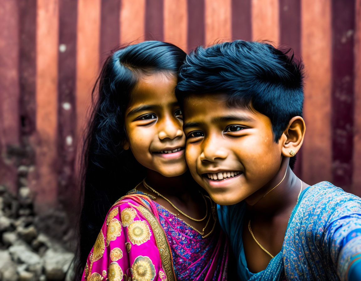 Two children in colorful attire hugging against red metal background