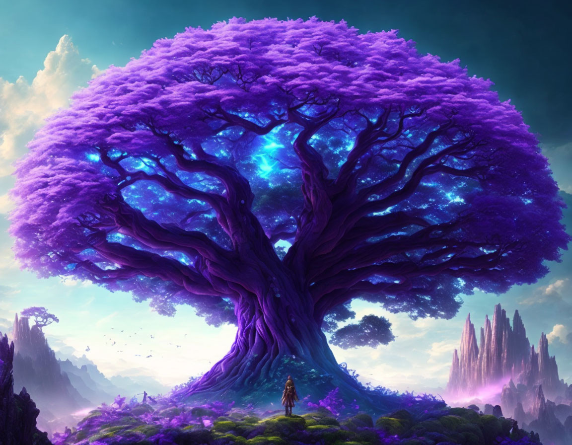 Glowing purple tree towers over lone figure in fantastical landscape