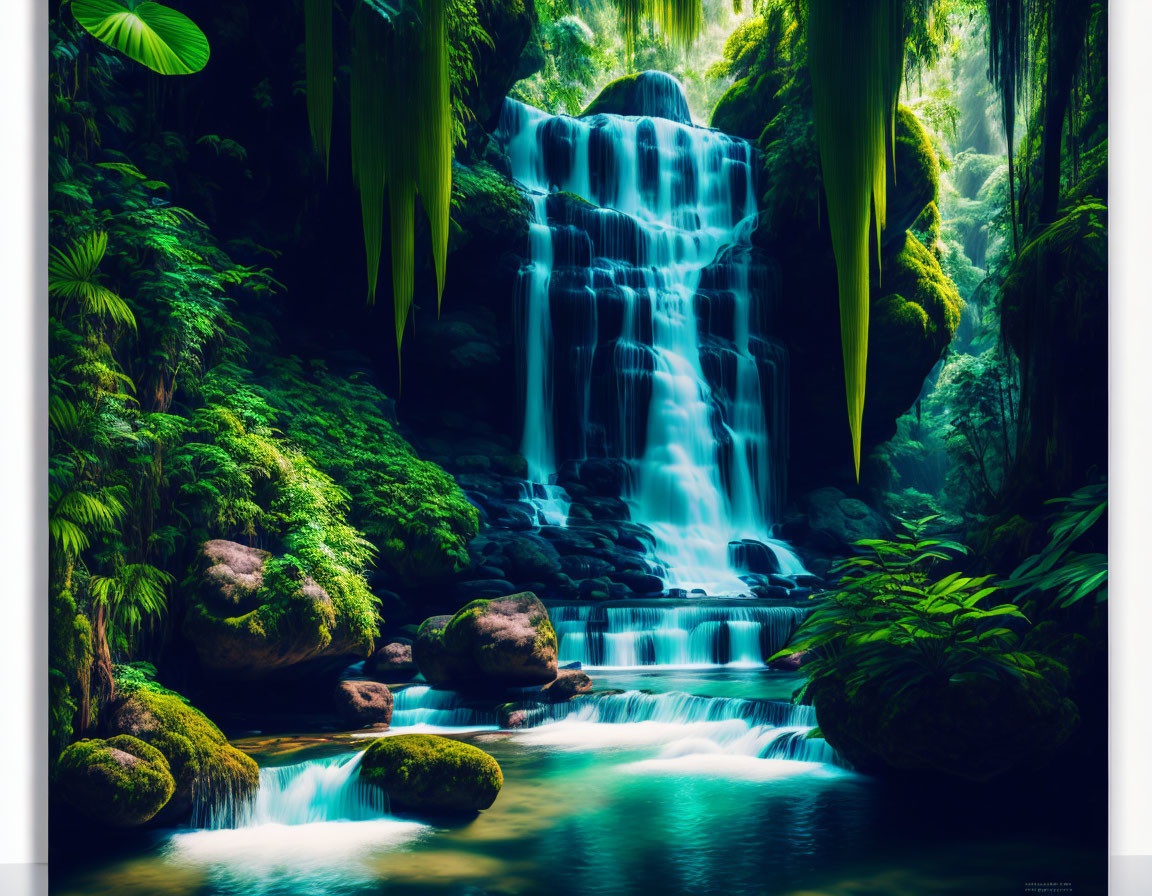 Tranquil forest waterfall with moss-covered rocks and lush greenery