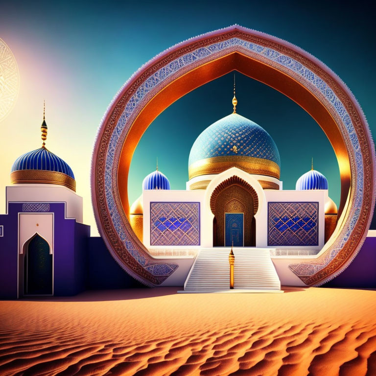 Digital art: Fantastical Middle Eastern palace with blue domes and arches at dusk