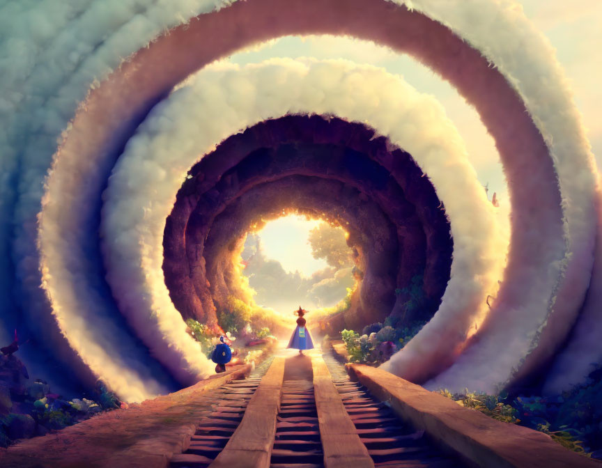 Vividly colored figure in concentric circle tunnel with bright opening