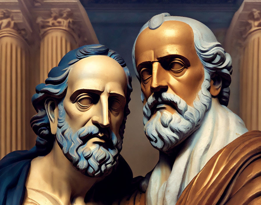 Classical statues of philosophers with distinctive beards and Corinthian columns